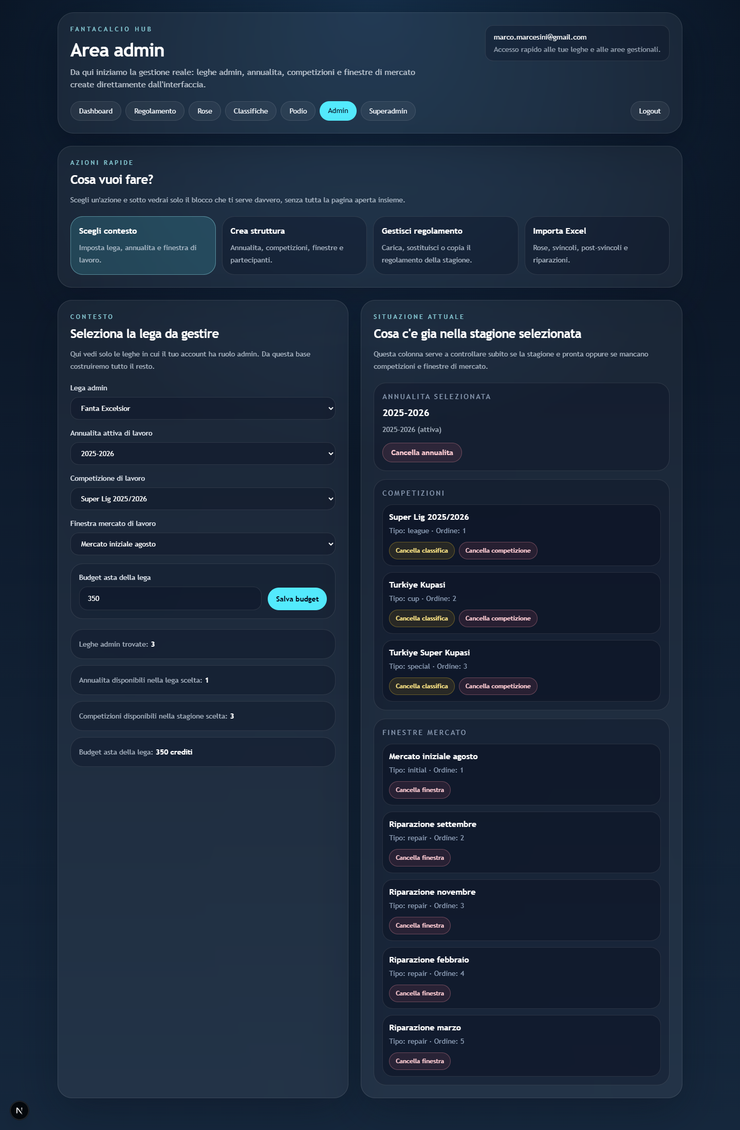 Area Admin con menu Cosa vuoi fare?.