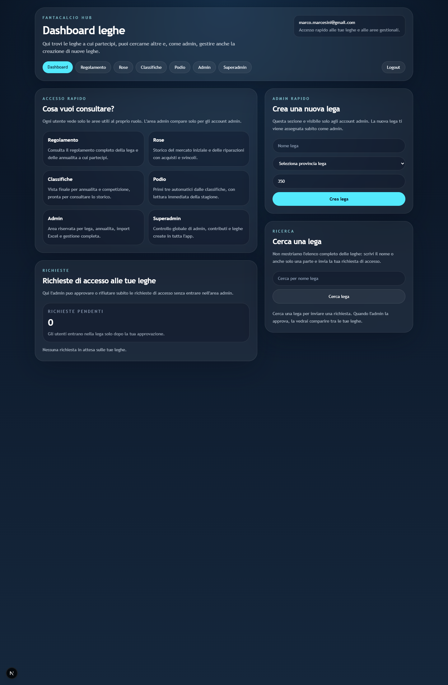 Dashboard admin con blocco Crea una nuova lega.
