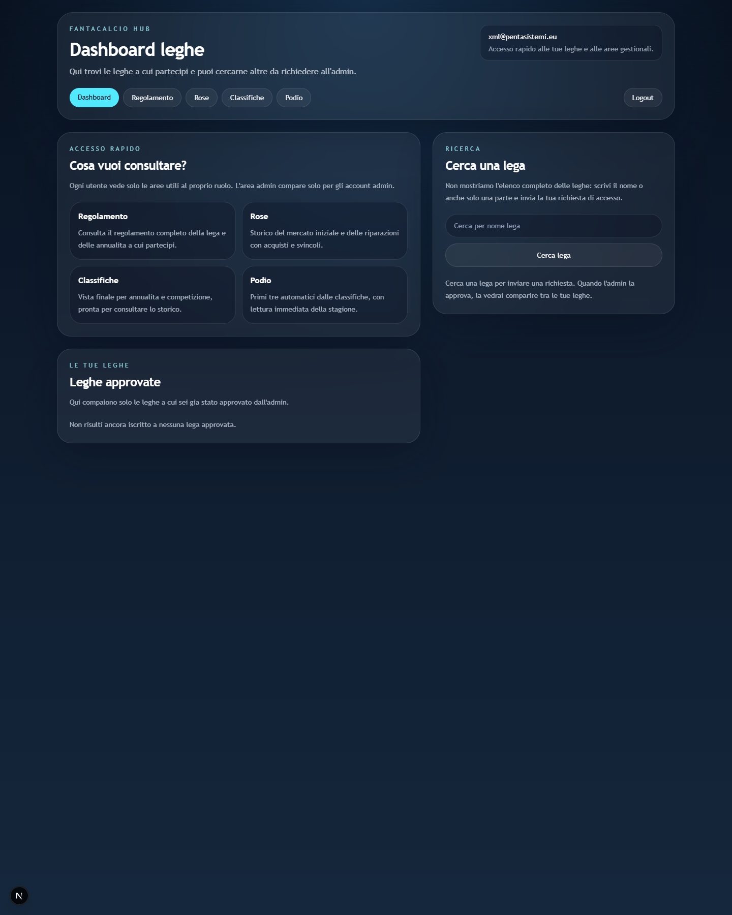 Dashboard utente con blocco Cerca una lega.