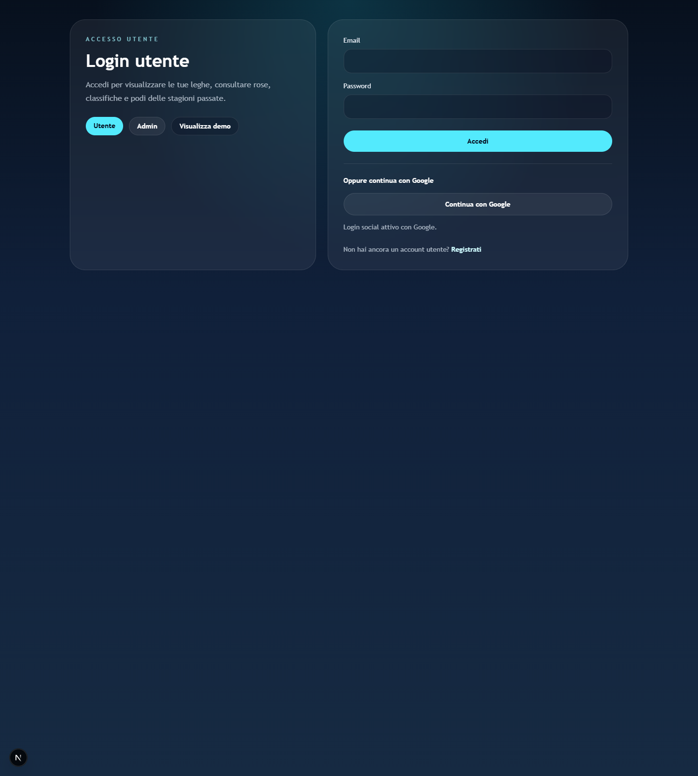 Pagina login con email e pulsante Google.