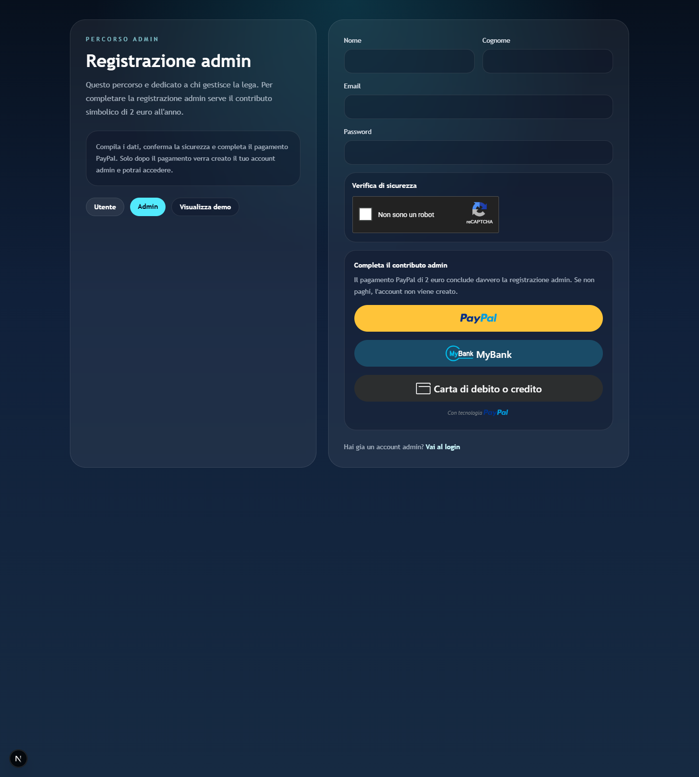 Pagina registrazione admin con PayPal e verifica sicurezza.