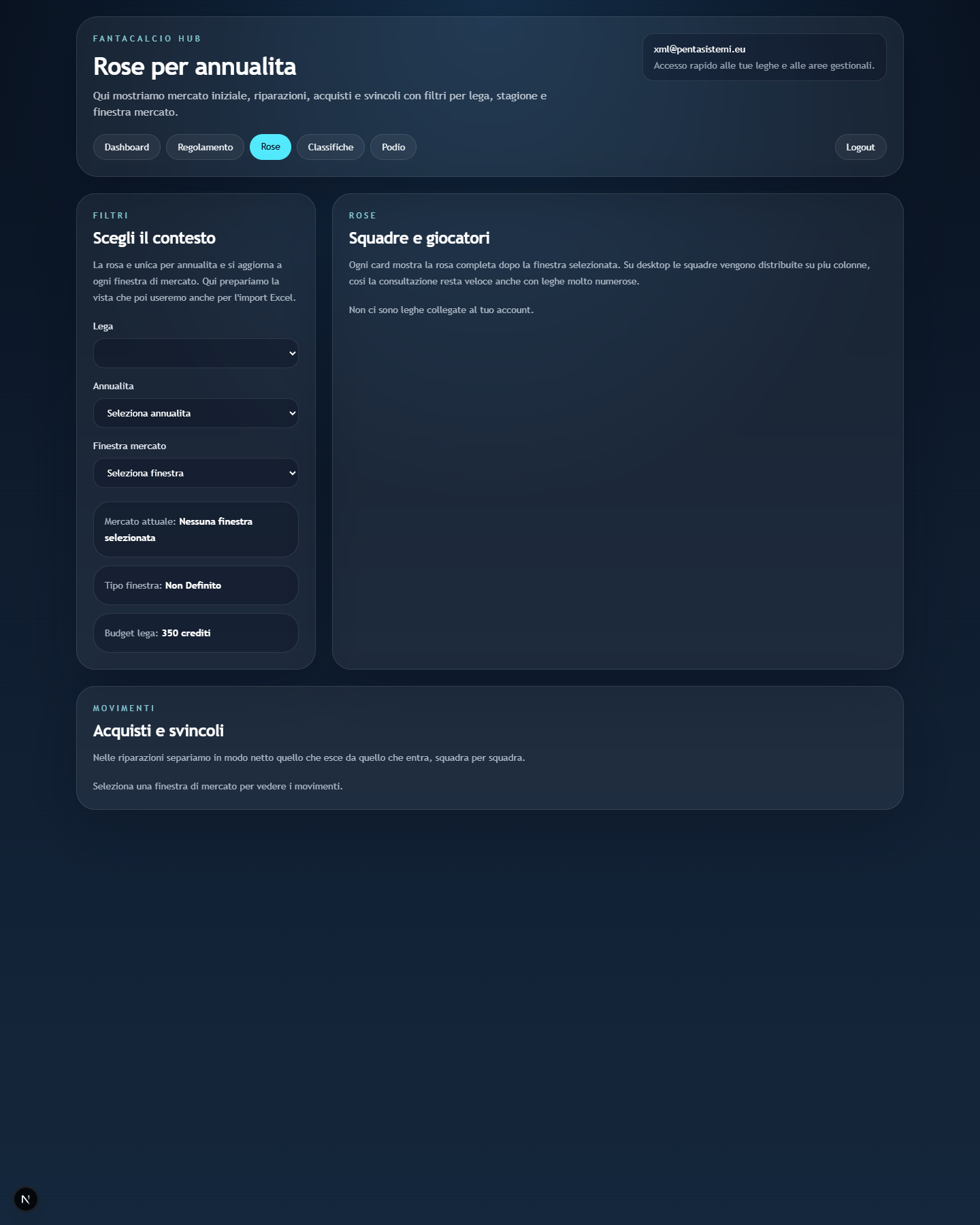 Pagina Rose con griglia squadre.